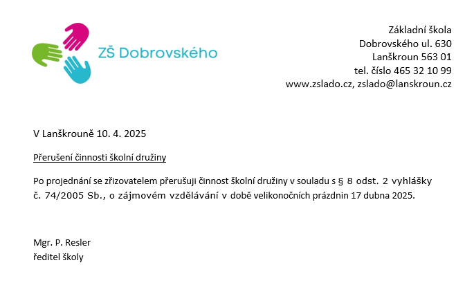 preruseni SD Velikonoce 2025